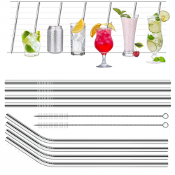 11Pcs Stainless Steel Metal Drinking Straw Reusable Straws+Cleaner Brush Kit+Bag