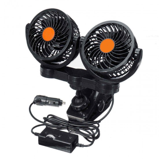 24V Mini Car Air Cooling Fan 360 Degree Rotating Dual Head Stepless Speeds Low Noise Car Fan