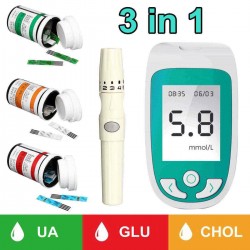 3 in 1 Cholesterol Blood Glucose UA Testing Meter Kit Test Strips Sterile Lancet