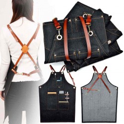 4 Styles Denim Bib Apron Leather Strap Hairtician Barista Work Hairdressing Robes