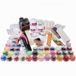 42 Acrylic Glitter Powder Nail Art Builder Tip File Brush Dotting Pen Kit Tweezer Clipper Block Set