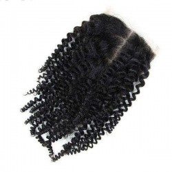 4*4 Brazilian Kinky Curly 100% Human Hair Extensions Lace Closure Natural Color Wig