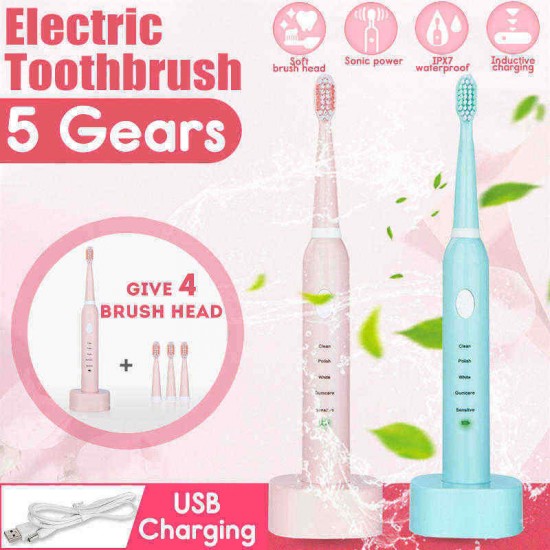 5 Gears Electric Toothbrush Sonic Power Waterproof USB Fast Charging Oral Care