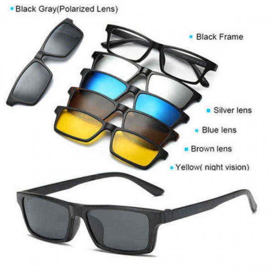 5 in 1 TR-90 Polarized Magnetic Glasses Clip On Magnetic Lens Sunglasses UV-proof Night Vision with Leather Bag