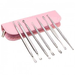 7Pcs Pink Bag Multipurpose Acne Blackhead Comedone Remover Extractor Stainless Steel Tool Set Kit