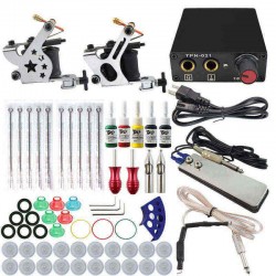 Beginner Complete Tattoo Kit 2x Machine Power Supply Set Grip 5 color Ink Needle