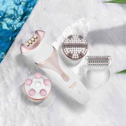 DIGOO 4 In 1 Wet Dry Electric Epilator Shaver Hair Removal Kit with Massage Roller Facial Cleanser Brush for Face Underarm Bikini Line Body Depilation