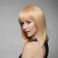 Golden Medium Straight Full Bang Wig Human Hair Wigs Virgin Remy Mono Top Capless