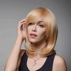 Human Hair Medium Wigs Virgin Remy Mono Top Capless Side Bang Golden Blonde Wig 8 Colors