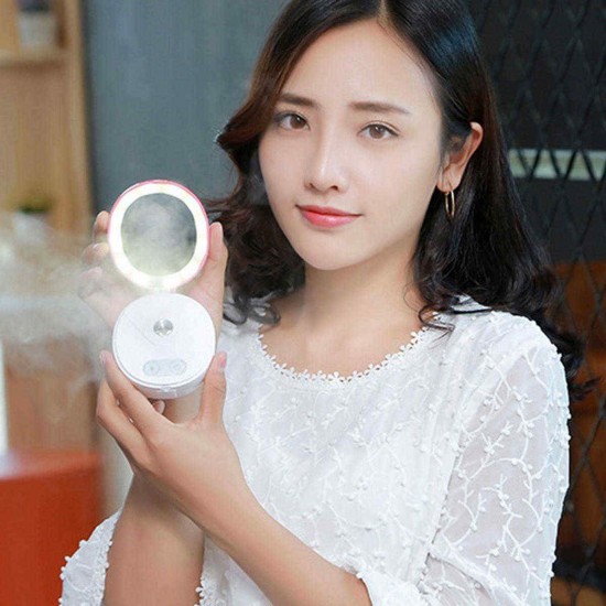 LuckyFine 4 In 1 Mini Nano-Mist Cold Sprayer Facial Humidifier With Makeup Mirror Light Power Bank