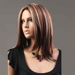 NAWOMI 100% Kanekalon Hair Wig Highlights Color Synthetic Parted Middle Medium Long Straight