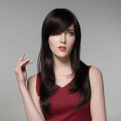 Natural Long Virgin Remy Medium Side Bang Capless Mono Top Human Hair Wig 8 Colors