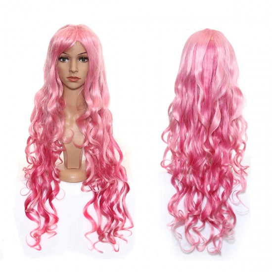 Pink Long Wavy Bangs Cosplay High-temperature Fiber Wig With Cap