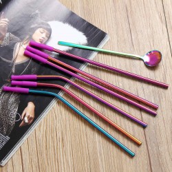 Reusable Silicone Tips Cover Stainless Steel Straight Straw Cruved Drink Straws Spoon with Cleaning Brushes
