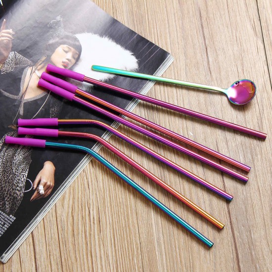 Reusable Silicone Tips Cover Stainless Steel Straight Straw Cruved Drink Straws Spoon with Cleaning Brushes Reusable Silicone Tips Cover Stainless Steel Straight Straw Cruved Drink Straws Spoon with Cleaning Brushes