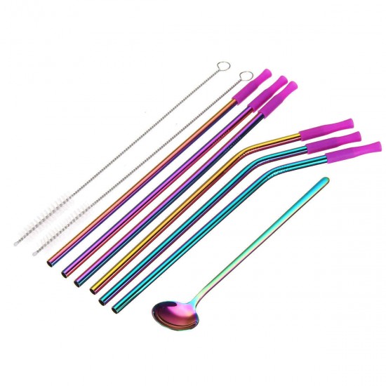 Reusable Silicone Tips Cover Stainless Steel Straight Straw Cruved Drink Straws Spoon with Cleaning Brushes Reusable Silicone Tips Cover Stainless Steel Straight Straw Cruved Drink Straws Spoon with Cleaning Brushes