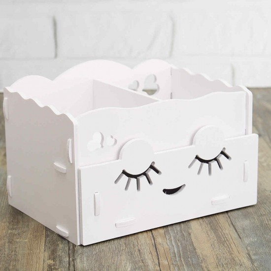 Smiling Face Cute Wooden White Makeup Organizer Neat Table Collecting Case Cosmetics Tools Smiling Face Cute Wooden White Makeup Organizer Neat Table Collecting Case Cosmetics Tools