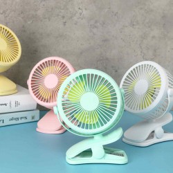 USB Charging Mini Electric Clip Table Fan 720 Degree Rotating 3 Gear Speeds Silent Cooling Fan with LED Night Light