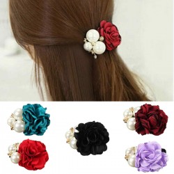 Women Satin Ribbon Rose Flower Pearls Hair Band Ponytail Holder Elastic Hair Band