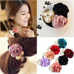 Women Satin Ribbon Rose Flower Pearls Hair Band Ponytail Holder Elastic Hair Band