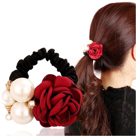 New Women Satin Pearls Rose Flower Ponytail Holder Hairband