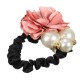 Women Satin Ribbon Rose Flower Pearls Hair Band Ponytail Holder Elastic Hair Band