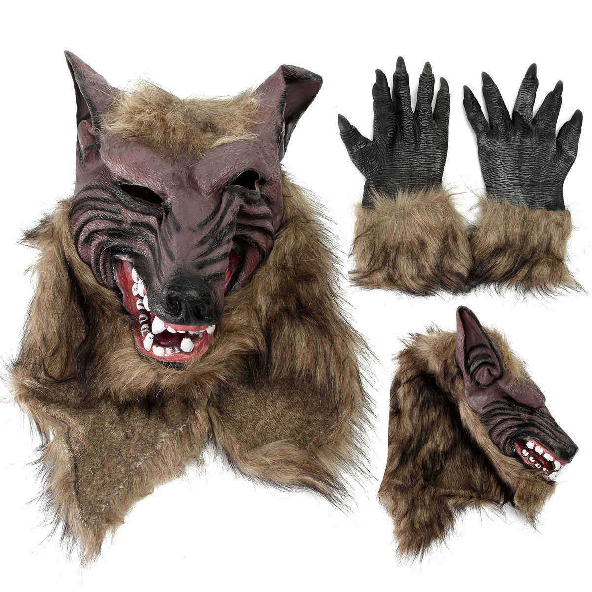12PCS-Latex-Rubber-Wolf-Head-Hair-Mask-Werewolf-Gloves-Party-Scary-Halloween-Cosplay-1086799