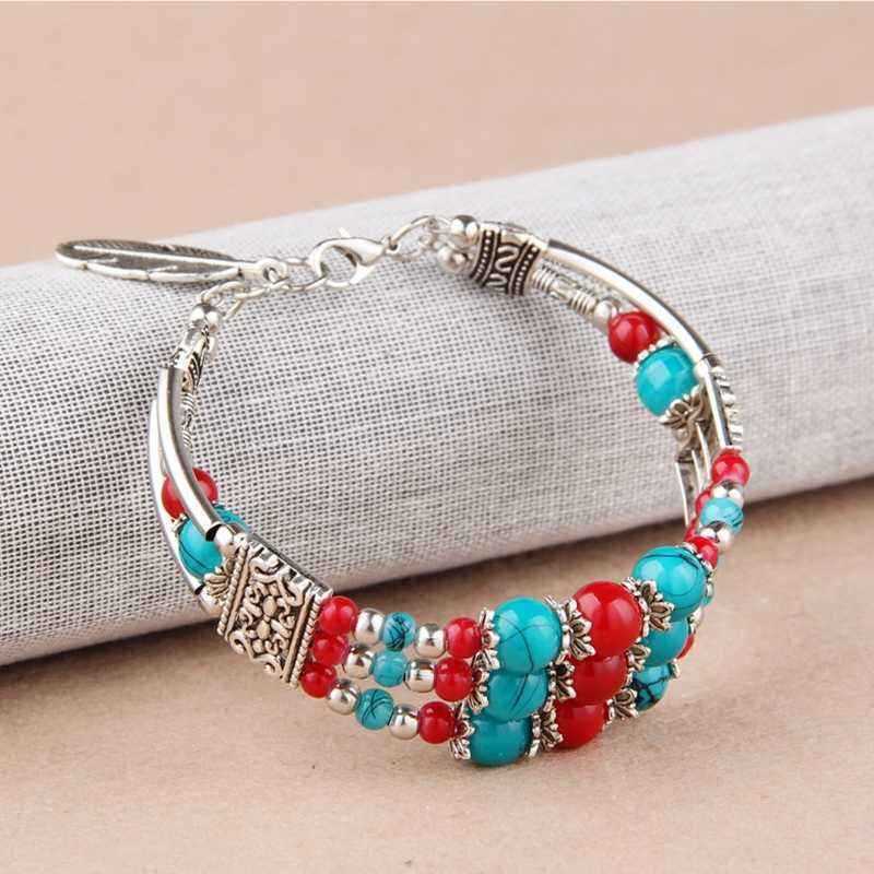 Bohemian-Tibetan-Silver-Leaf-Pendant-Ethnic-Multicolor-Beads-Women-Bracelet-Bangle-1231867