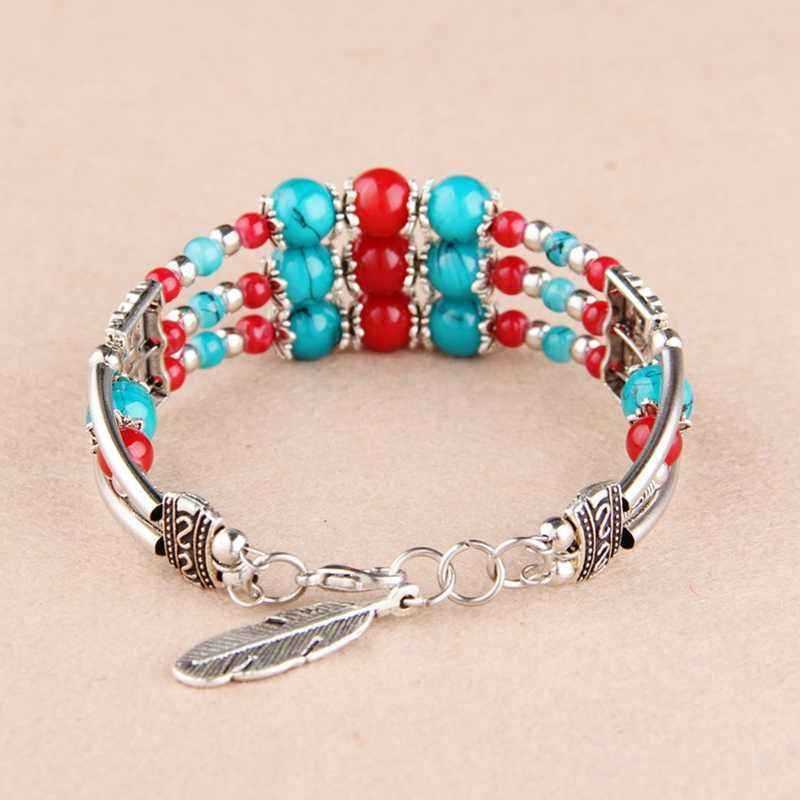 Bohemian-Tibetan-Silver-Leaf-Pendant-Ethnic-Multicolor-Beads-Women-Bracelet-Bangle-1231867