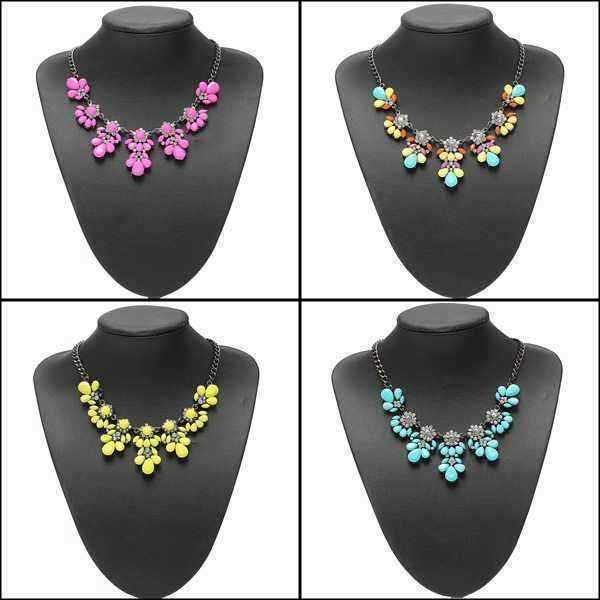 Crystal-Flower-Pendant-Statement-Necklace-Metal-Chain-Choker-Necklace-931734