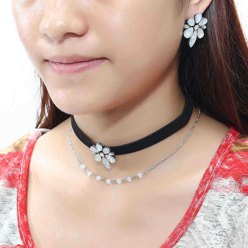 Elegant-Flower-Charm-Double-Layer-Black-Choker-Necklace-Piercing-Earrings-Fashion-Women-Jewelry-Set-1175751