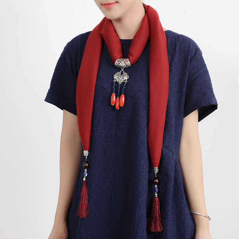 Ethnic-Women-Necklace-Lucky-Lock-Beads-Tassel-Pendant-Multicolor-Cotton-Scarf-Clothing-Accessories-1190347