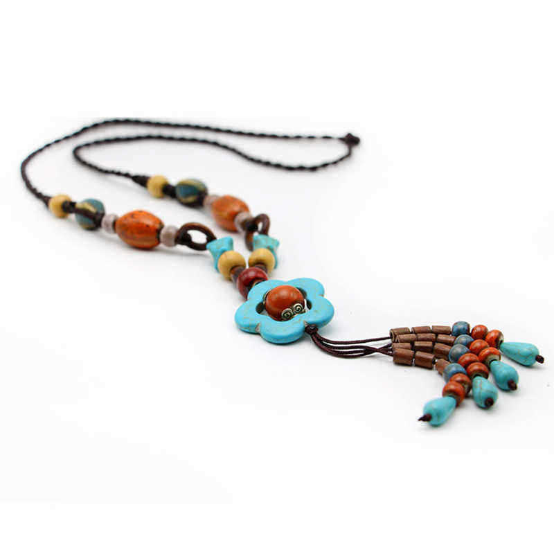 Ethnic-Womens-Long-Necklace-Vintage-Handmade-Ceramic-Flower-Wood-Bead-Tassel-Necklaces-Gift-1289952