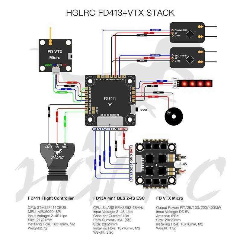 HGLRC-FD413-VTX-16x16-F411-Flight-Controller-amp-13A-2-4S-Blheli_S-4-In-1-Brushless-ESC-25400mW-VTX--1555405