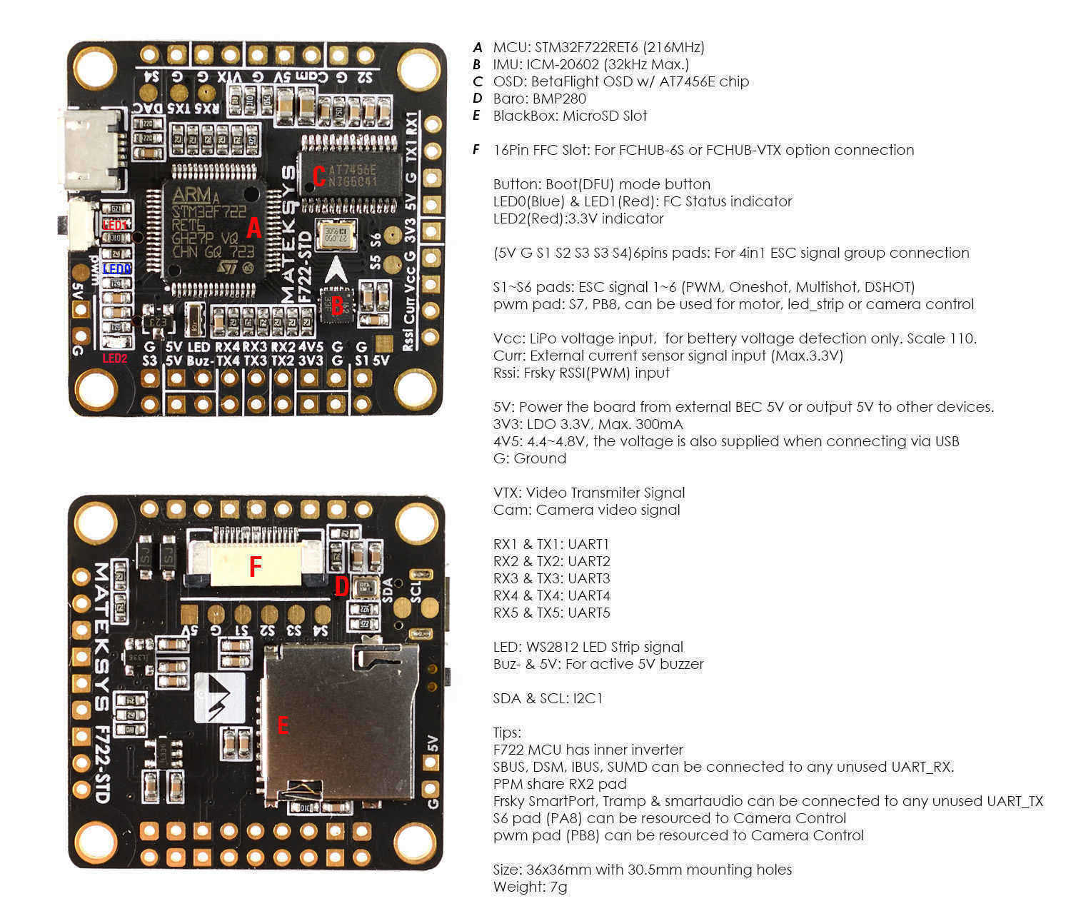 Matek-Systems-F722-STD-STM32F722-F7-Flight-Controller-Built-in-OSD-BMP280-Barometer-Blackbox-for-RC--1225166