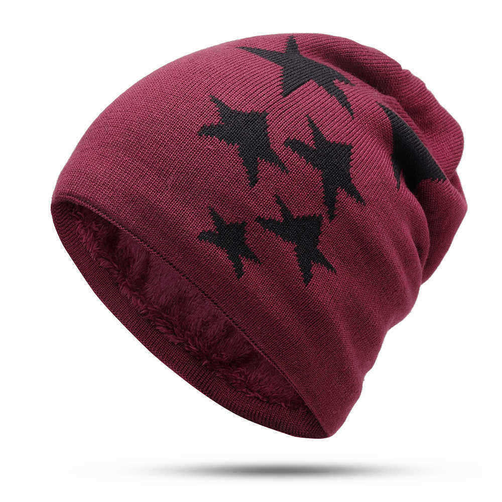 Men-Women-Winter-Warm-Fleece-Liner-Knitted-Hat-Pentagram-Pattern-Knit-Cap-1399194