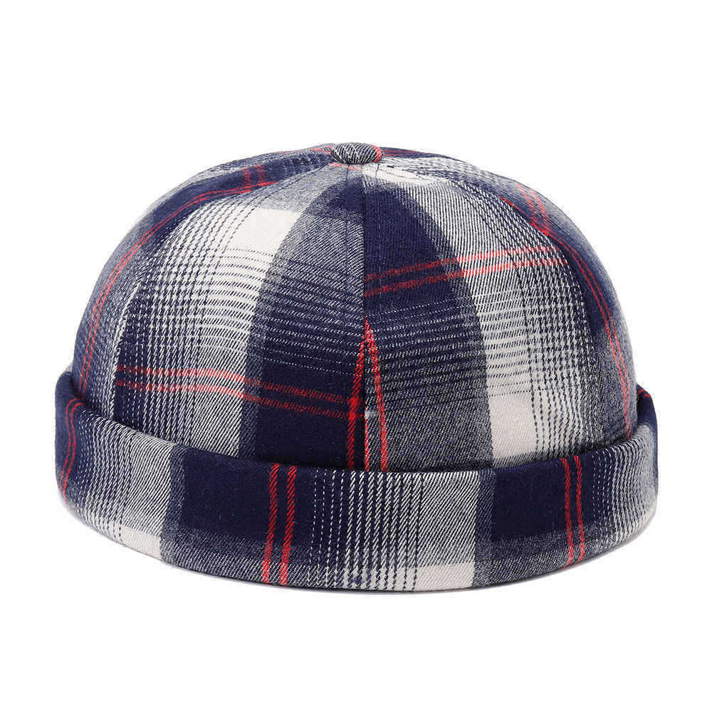 Mens-Womens-Cotton-Adjustable-Plaid-French-Brimless-Hats-Fashion-Crimped-Skullcap-Sailor-Cap-1356928