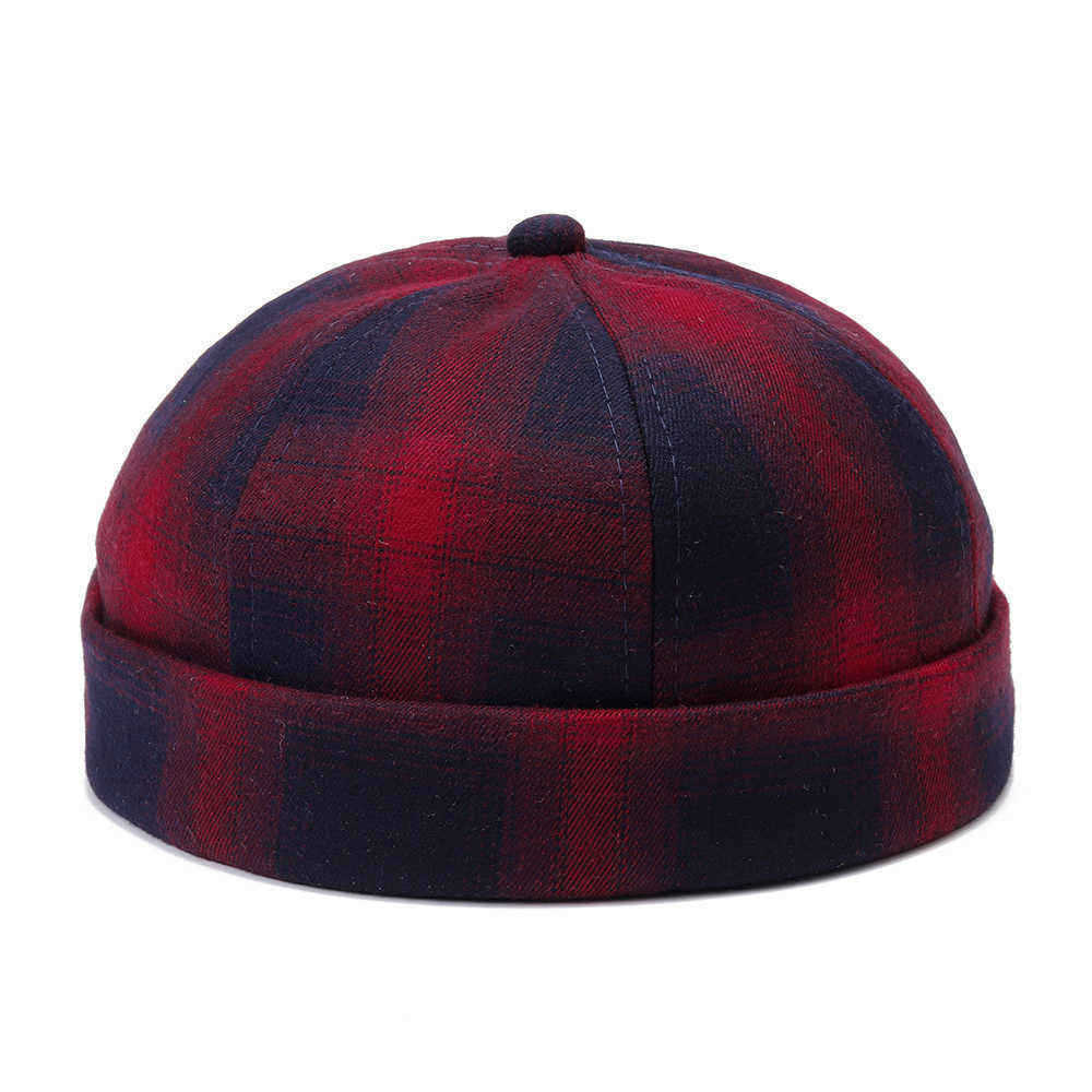 Mens-Womens-Cotton-Adjustable-Plaid-French-Brimless-Hats-Fashion-Crimped-Skullcap-Sailor-Cap-1356928