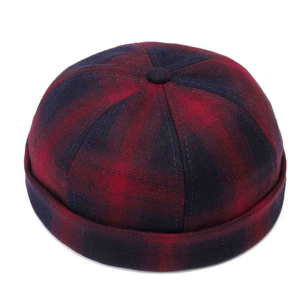 Mens-Womens-Cotton-Adjustable-Plaid-French-Brimless-Hats-Fashion-Crimped-Skullcap-Sailor-Cap-1356928