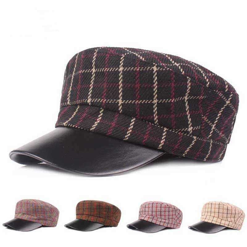 Outdoor-Winter-Cotton-PU-Leather-Beret-Caps-Plaid-Thicken-Warm-Peaked-Cap-for-Women-1351724