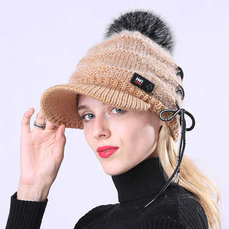 Outdoor-Women-Knitted-Plush-Knit-Beret-Hat-with-Wool-Ball-Earmuffs-Ski-Skull-Caps-1374829