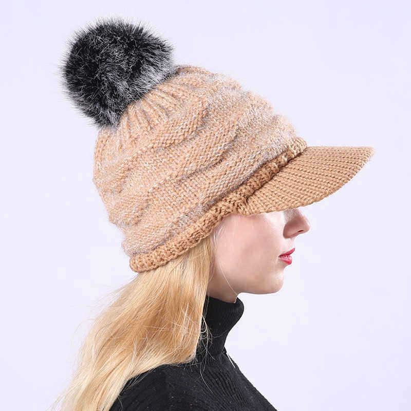 Outdoor-Women-Knitted-Plush-Knit-Beret-Hat-with-Wool-Ball-Earmuffs-Ski-Skull-Caps-1374829