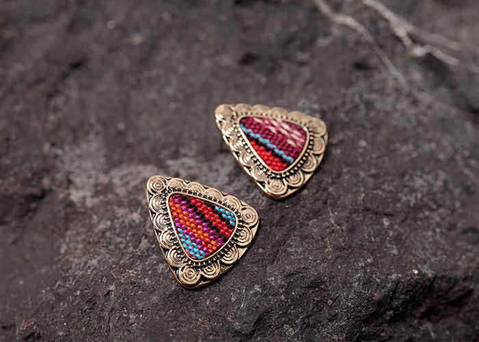 Retro-Ethnic-Colorful-Cloth-Triangle-Alloy-Ear-Stud-Women-Earrings-1145496