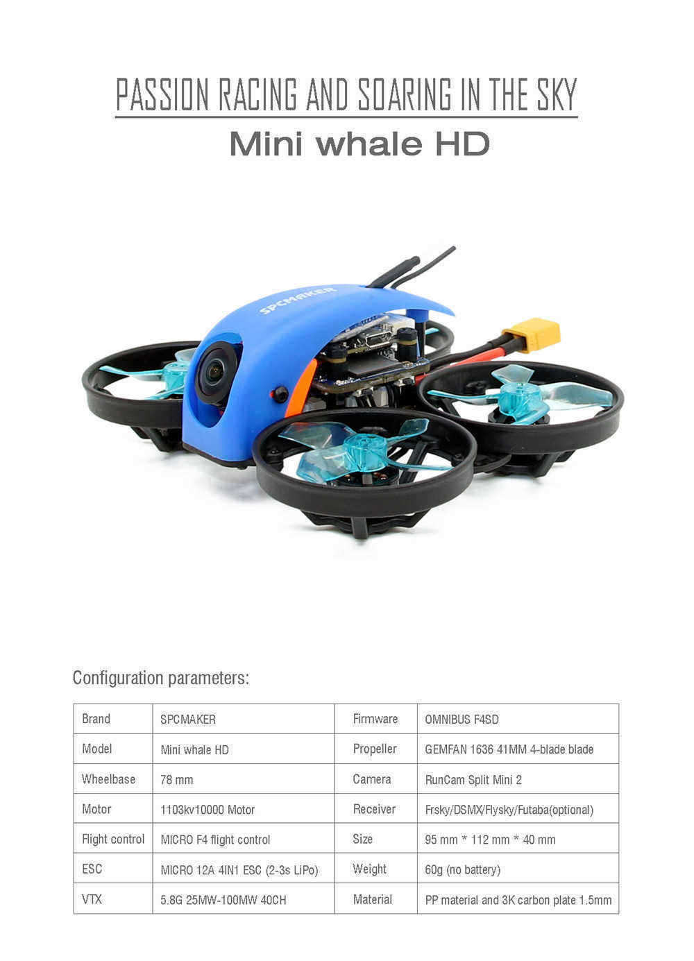 SPC-Maker-Mini-Whale-HD-78mm-Micro-F4-Cinewhoop-FPV-Racing-Drone-PNP-BNF-w-25100mW-VTX-Runcam-Split--1439455