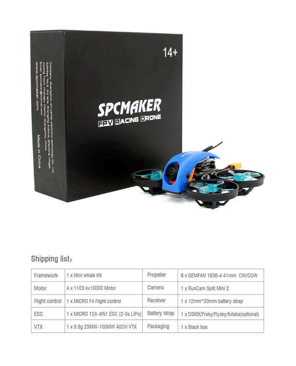 SPC-Maker-Mini-Whale-HD-78mm-Micro-F4-Cinewhoop-FPV-Racing-Drone-PNP-BNF-w-25100mW-VTX-Runcam-Split--1439455