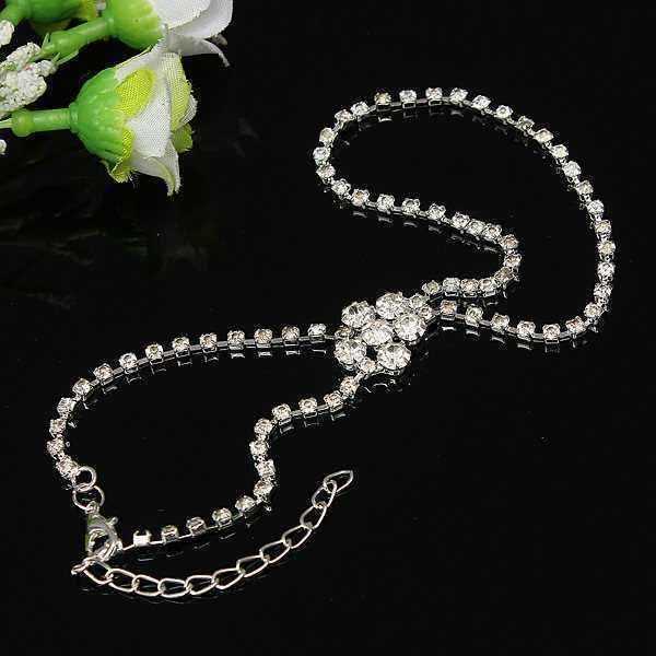 Silver-Plated-Crystal-Flower-Ring-Bracelet-Rhinestone-Metal-Chain-944228