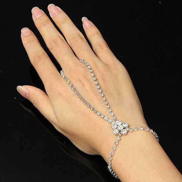 Silver-Plated-Crystal-Flower-Ring-Bracelet-Rhinestone-Metal-Chain-944228