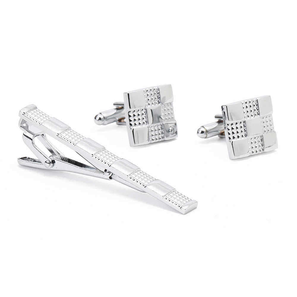 Unisex-Business-Silver-Grid-Cufflinks-Plus-Tie-Clip-Set-High-grade-Cufflinks-1385298