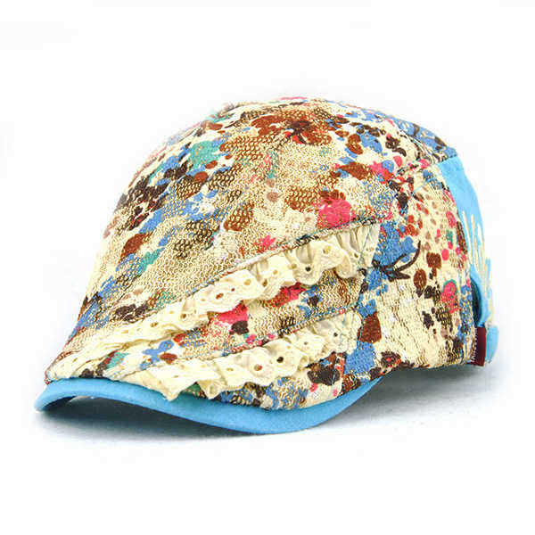 Unisex-Cotton-Flower-Printed-Washed-Beret-Hat-Buckle-Adjustable-Paper-Boy-Cabbie-Golf-Breathable-Cap-1114644