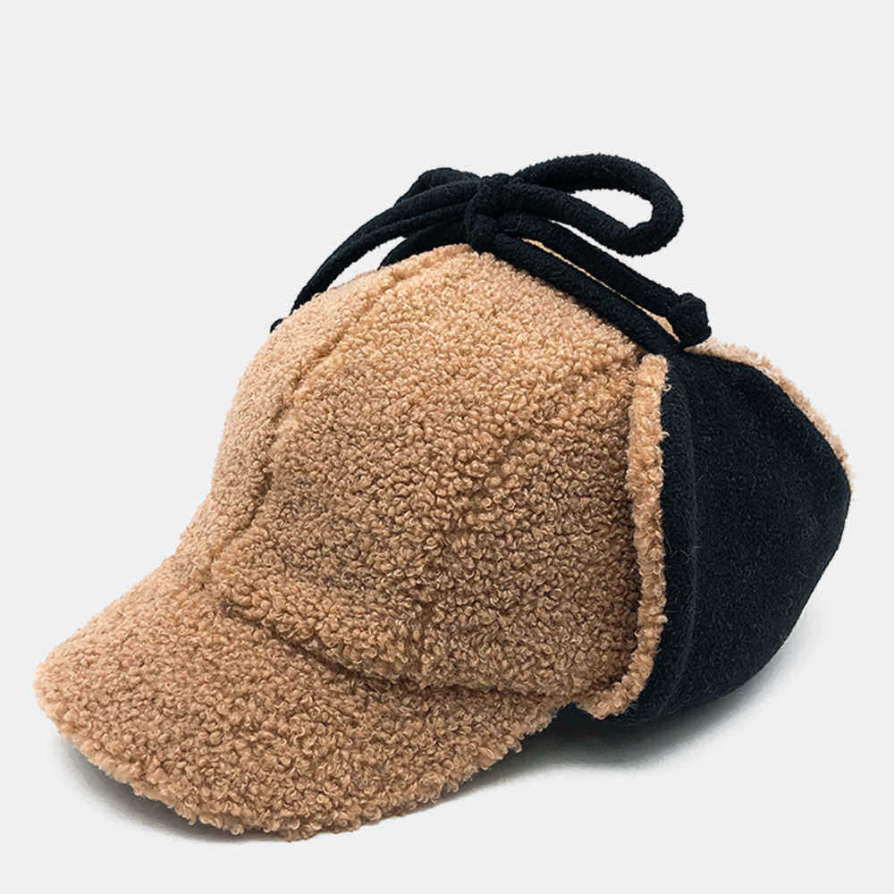 Unisex-Tweed-Earmuffs-Warm-Solid-Color-Baseball-Cap-With-String-1542805